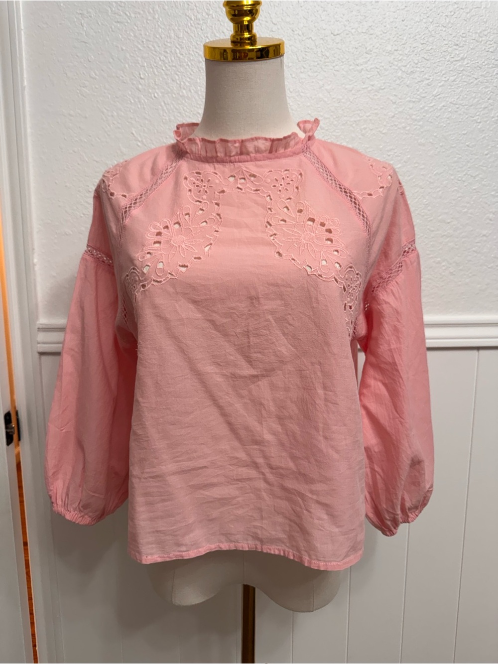 Zara Soft Pink Eyelet Ruffle Neck Blouse